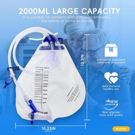 2000ml Urine Drainage Bags, 2 Pack Urinary Drainage Bags with Anti Reflux Chamber, 48" Drainage Tube, Clamp and Hanging Hook, Professional Urine Bags for Home Care Hospital Health Aids