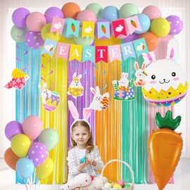 Easter Decorations Party Supplies - Easter Balloons Garland Arch Kit with 12in Pastel Balloons/ Cute Bunny Carrot Balloons/ Hanging Swirls/ 2 pcs 78in Fringe Curtain for Easter Party Decor