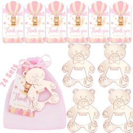 24 Sets Baby Shower Favors Bear Bottle Opener, Thank You Gifts for Guests, Bear Themed Party Souvenirs with Goodies Bags and Thanks Cards (Pink)