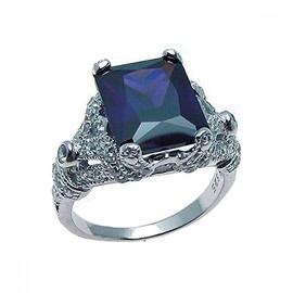 Simulated Sapphire Square Cubic Zirconia Antique Ring Rhodium Plated Sterling Silver Size 5