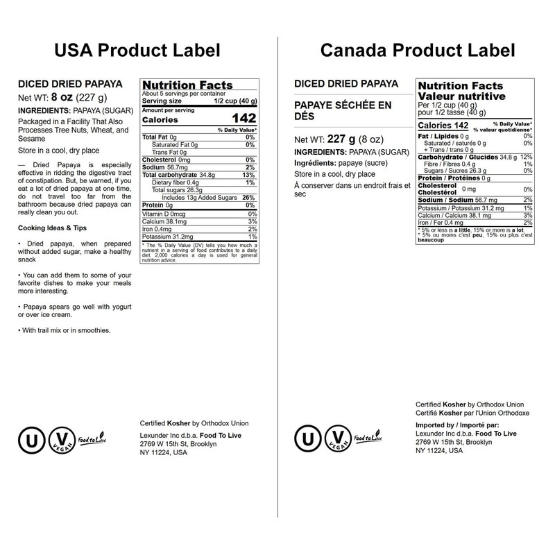 Food to Live Dried Diced Papaya, 8 Ounces Kosher, Vegan,