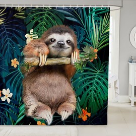 Children's Cute Sloth Shower Curtain, 180 x 180 cm, Cartoon Animal Bath Curtain, Decor for Girls, Funny Fables, Sloth, Tropical Leaves, Floral Print, Shower Curtain, Textile, Animal, Nature Theme