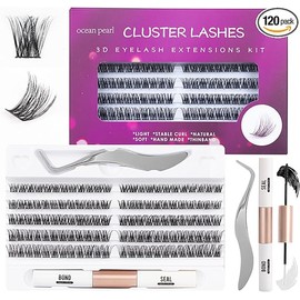 Ocean Pearl Individual Eyelashes 120 Cluster Lashes DIY Eyelash Extension Thin Band Wide Stem Lash Clusters with Tweezers and Super Bond and Seal Lash Extensions Kit Mix 10-16mm Length C/D Curl-OP01
