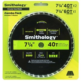 Smithology Circular Saw Blades 7 1/4 Inch – 3 Pack | ATB 40 Tooth & 60 Tooth | Carbide Tipped | Thin Kerf | Wood Crosscutting, Ultra Fine Finishing | Anti-Stick Coating | 5/8 Inch Arbor | SMTCBV01-3