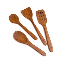 4 Piece Non-Stick Acacia Wooden Cutlery Spoon Set For Cooking, Wood Kitchen Utensils Salad Spoon & Fork, Turner & Slotted Spatula Set, Long Handle Cookware Tools, 12 & 10 Inch, Natural Brown