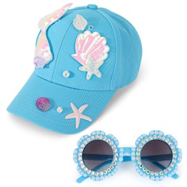 BTHRORO Girls Baseball Cap Sunglasses for Kids, Mermaid Baseball Hat Adjustable Summer Sun Hat Rhinestone Pearl Sunglasses Casual Trucker Cap for Girls 5-12 Years Blue
