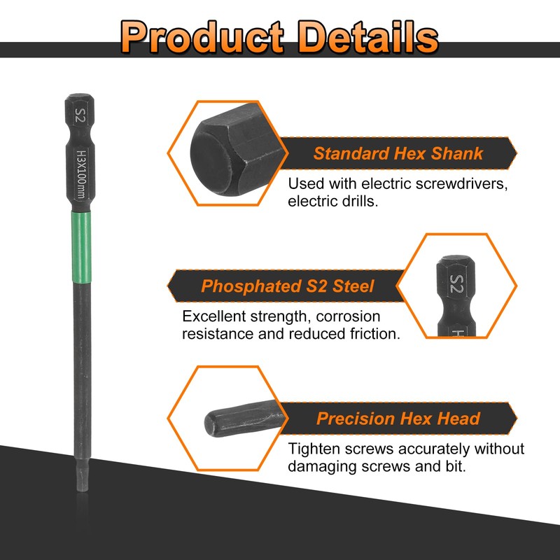 sourcing map 2pcs H3 Flat Hex Head Screwdriver Bit 3mm