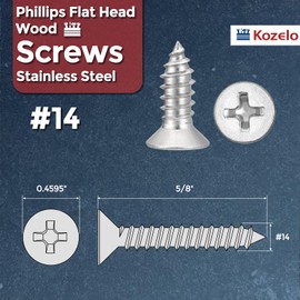 Kozelo 50pcs Phillips Flat Head Wood Screws - [#14x5/8"] 304 Stainless Steel Countersunk Self Tapping Screws for Furniture Assembly, Interior Trim, Outdoor Construction, Silver