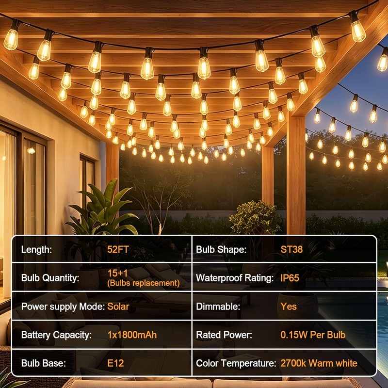YaaFen 52FT Solar String Lights Outdoor Waterproof Patio Lights with