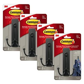 Command 17036MB-ES Double Hanger Wall Hooks, 4 Pack, Matte Black, 4 Count