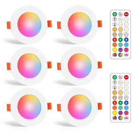 RGB LED Downlights for Ceiling Recessed Ceiling Spotlight with Remote Control, 7W CCT 2700K-6000K Colour Changing Light for Bathroom, Kitchen, Hallway Hole 68-85mm 6 Pack