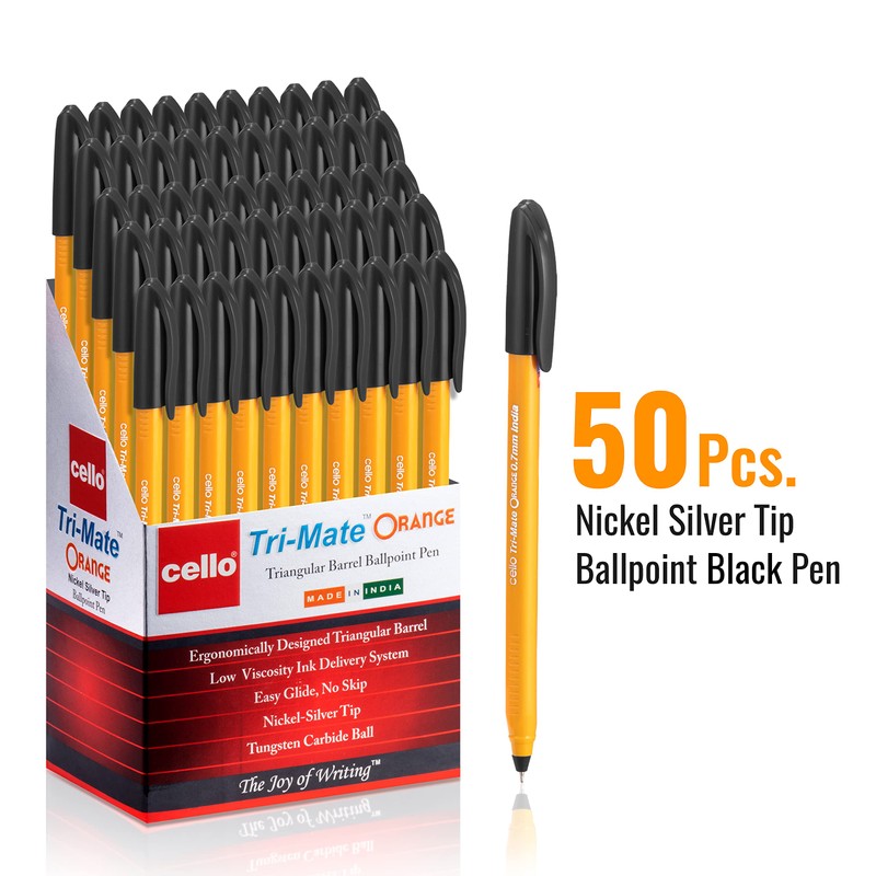 Cello Tri-Mate Orange Ballpoint Pens Medium Point Biro, (Black, Pack