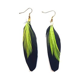 Black Feather Earrings with Lime Green Feather - Handmade