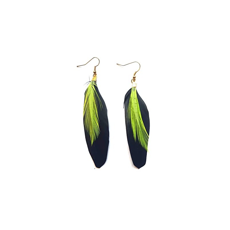 Black Feather Earrings with Lime Green Feather - Handmade