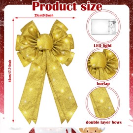 Giegxin 2 Pcs Lighted Gold Christmas Bows Outdoor Decoration Wreath Bows 18 x 10 Inch Xmas Burlap Bow LED Lights Bow Winter Door Wall Decor Christmas Tree Topper for Indoor Outside Shine Style