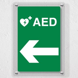 V Safety AED Arrow Left Automated External Defibrillator Acrylic Sign - 200x300mm - Emergency Health Signage, Durable, Shatterproof