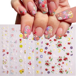 Flower Nail Stickers for Nail Art Colorful Nail Art Stickers Small Floral Nail Decals Self Adhesive 5D Embossed Design Spring Summer Manicure Supplies for Women Nails Decorations Accessories 6 Sheets