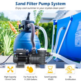 13" Pool sand Filter Above Ground Pool Sand Filter Pump, Sand Filter Pump with Timer,2853 GPH Above Ground Pool Sand Filter System with 6 Way Valve, Up to 11520 Gallons Black+blue
