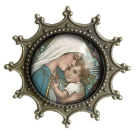 Mother Mary Madonna and Holy Christ Child Glass And Brass Brooch