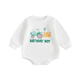 MAHUAOYIXI Baby Boy First Birthday Outfit Birthday Crew Neck Tractor Print Long Sleeve Bodysuit Infant Sweatshirt Romper for Toddler Baby Boys (Green, 6-12 Months)