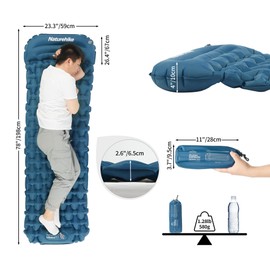 Naturehike Camping Mat Self-Inflating 6.5CM Thick Inflatable Air Mattress with Pillow Ultralight Foldable Outdoor Sleeping Pad Camping Mattress with Foot Pump (Blue)