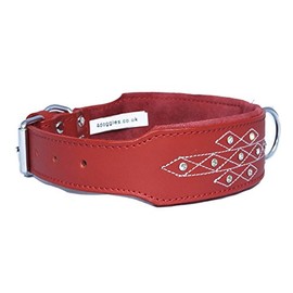 4doggies Red Diamante Stitch Design Leather Dog Collar Staffy Staffordshire Bull Terrier Bulldog (16-20 Inch - 2 Inch Wide)