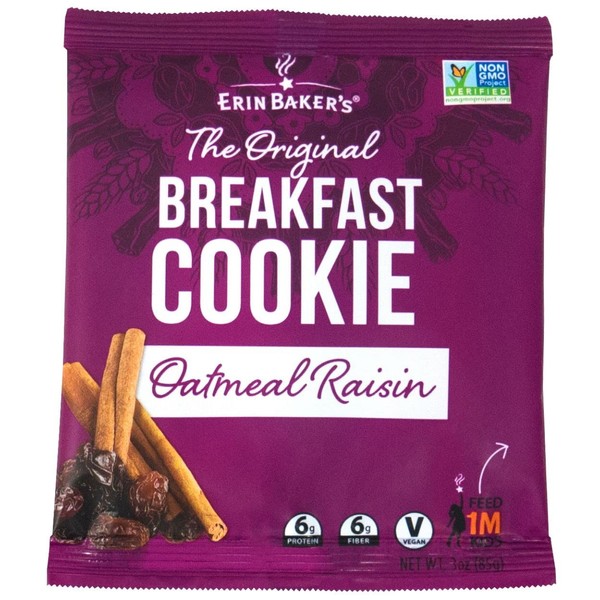 Erin Baker's Breakfast Cookies, Oatmeal Raisin, Whole Grain, Vegan, Non-GMO, 3-ounce (Pack of 12)
