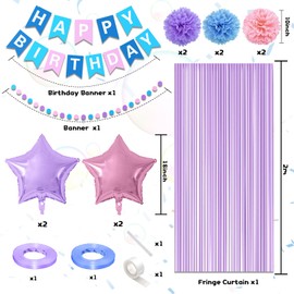 Purple Pink Blue Birthday Decorations,Girls Boys Cartoon Party Decorations with Blue Pink Confetti Birthday Balloons Happy Birthday Banner Purple Fringe Curtain Tissue Paper Pompoms Star Garland