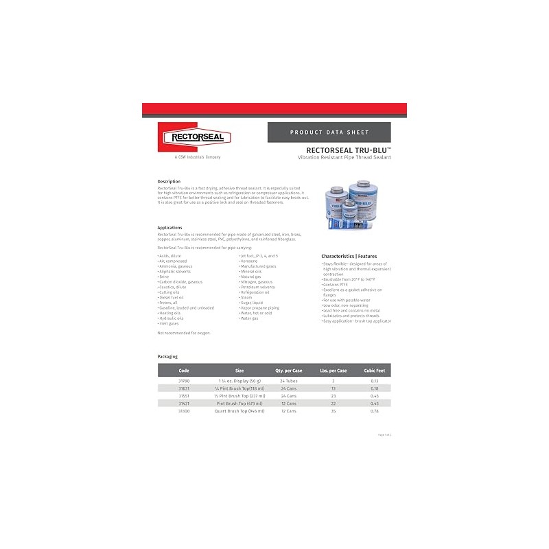 RectorSeal Tru-Blu 31780 Pipe Thread Sealant, Fast-Dry, Flexible Set Thread