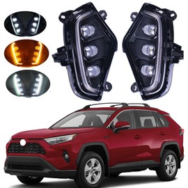 Tiny Force Pair High-profile Version LED Daytime Running Lights Fog Lights Assembly Compatible with Toyota RAV4 2019-2022 With DRL Amber Turn Signal Lamps & 3 Eyes Rav4 Daylights with Bezel