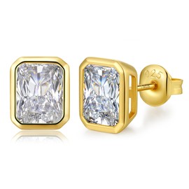 Emerald Cut Earring for Women Men Studs Gold Plated Cubic Zirconia CZ Fake Diamond Bezel Earrings Sterling Silver Square Cut Earring for Men 7MM Hypoallergenic Solitaire Stud Jiahanzb