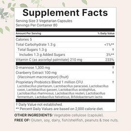 Pure D Mannose 1,300mg with Cranberry & Probiotics, 240 Veggie Capsules | Urinary Tract Health for Women | Plus 1 Million CFU Probiotics Blend & High 