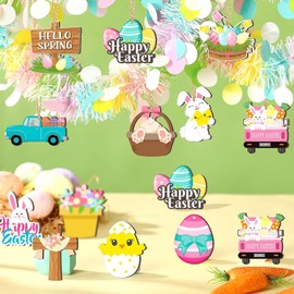 12Pcs Happy Easter Decorations Wooden Bunny Eggs Tree Ornaments Chick Truck Decorations Spring Cartoon Hanging Ornaments Cute Rabbit Flower Decorations for Easter Ornaments Supplies Festive Home Decor