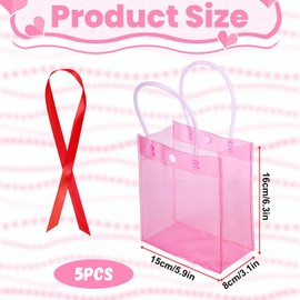 5 Pack Gift Bags with Ribbons, 16× 15× 8cm Plastic Pink Party Bags with Handles, Clear Pink Glitter Gift Bag for Wedding Birthday