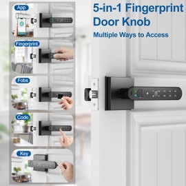 Foxgard Smart Fingerprint Door Lock:Fingerprint Door Knob-Biometric 5-in-1 Finger Print Door Lock-Thumb Print Door Knob for Bedroom-APP Control-Easy Installation–Square Black–1 Pack