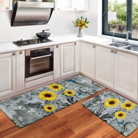 Likiyol Sunflower Kitchen Rugs Set of 2 Kitchen Mats for Floor Farmhouse Anti Fatigue Mats for Kitchen Floor, Floral Kitchen Floor Mat Non Slip Comfortable Standing Cushioned, 18''x 30''+18''x 60''