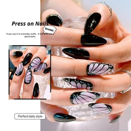 Black Press on Nails Pink Butterfly Wings Fake Nails Short Almond Glue on Nails Black Solid Color Glossy Full Cover Acrylic Nails Easy to Use Stick on Nails For Daily and Party False Nails 24 Pcs