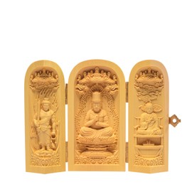 Shrou Sculpture Buddha Statue Sankai Buddha Dainichi Nyorai Sanzon Fudo Myoo Shingon Sect Kobo Daishi Buddhist Altar Statue Wood Sculpture Figurine Tsuge Tree Praying Evil Protection