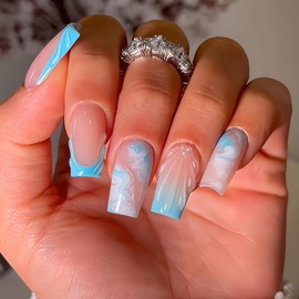 Jremg Blue French Tip Press on Nails Medium Square Fake Nails with 3D Design Blue White Gradient Coffin False Nails Glossy Summer Full Cover Glue on Nails Reusable Acrylic Nails for Women 24Pcs