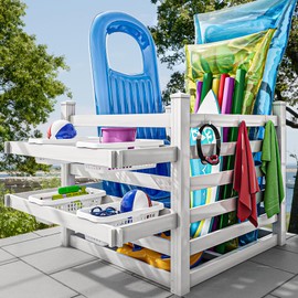 YITAHOME Pool Storage Bins with Towel Rack & 6 Moveable Hooks, Large Pool Noodle Holder Organizer, Outdoor Waterproof Poolside Float Storage for Goggles, Beach Balls, Floats Equipment