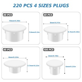Hengxinc 220PCS Drill Hole Cover Caps, 4 Sizes Plastic Plugs for Holes White Hole Plugs for Nail Holes, Screw Holes, Partition Holes in Cabinets, Brackets, Shelves (5mm/ 6mm/ 8mm/ 10mm)