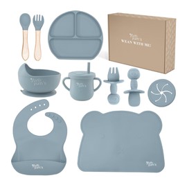 Yum Yum's Baby Weaning Set – Includes Toddler Water Bottle, Suction Cups, Suction Bowl, Spoon, Fork, Baby Plate & More - Ideal Baby Feeding Set & Baby Gifts & Present - 10 Pieces (Blue)