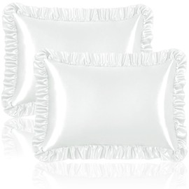 Homiest Ruffle Satin Pillowcase for Hair and Skin, Standard Size Satin Pillow Covers Silky Pillow Cases Set of 2, Satin Ruffled Pillowcase with Envelope Closure, Anti Wrinkle Pillow Shams (White)
