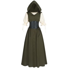 CR ROLECOS Renaissance Costume Dress Women Medieval Costume Pirate Overdress with Blouse Corset Belt XL