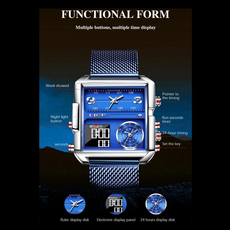 Lige Fashion Men Watch Electrical Quartz Digital Week 3ATM Waterproof