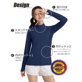 TACVASEN Women's Rash Guard, Long Sleeve, Sportswear, Quick Drying, Thin, Sun Protection, Top, Breathable, Work Wear, Plain, High Neck, Long Tee, Lightweight, UV Protection, Navy, M