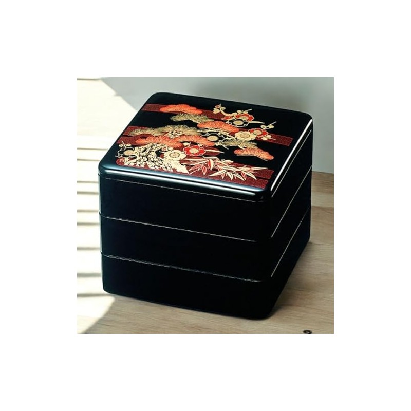 J-kitchens Lacquerware Heavy Box, 3 Tiers, 6 Inches, Black Pine/Plum,