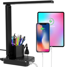 Desk Lamp,Desk Lamps for Home Office,COZOO LED Desk Lamp with 2 USB Charging Ports,2 Pen Holders,1 Outlet,3 Color 3 Brightness Levels,Touch/Memory/Timer,LED Desk Light Small Desk Lamp Kids Study Lamp