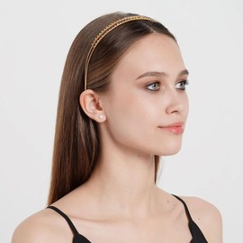 2pcs Double Layer Rhinestone Headband for Woman, Non-Slip Bling Metal Hair Band Accessories, Sparkly Crystal Headwear for Long Short Curly Straight Thin Thick Hair (Golden, One size)