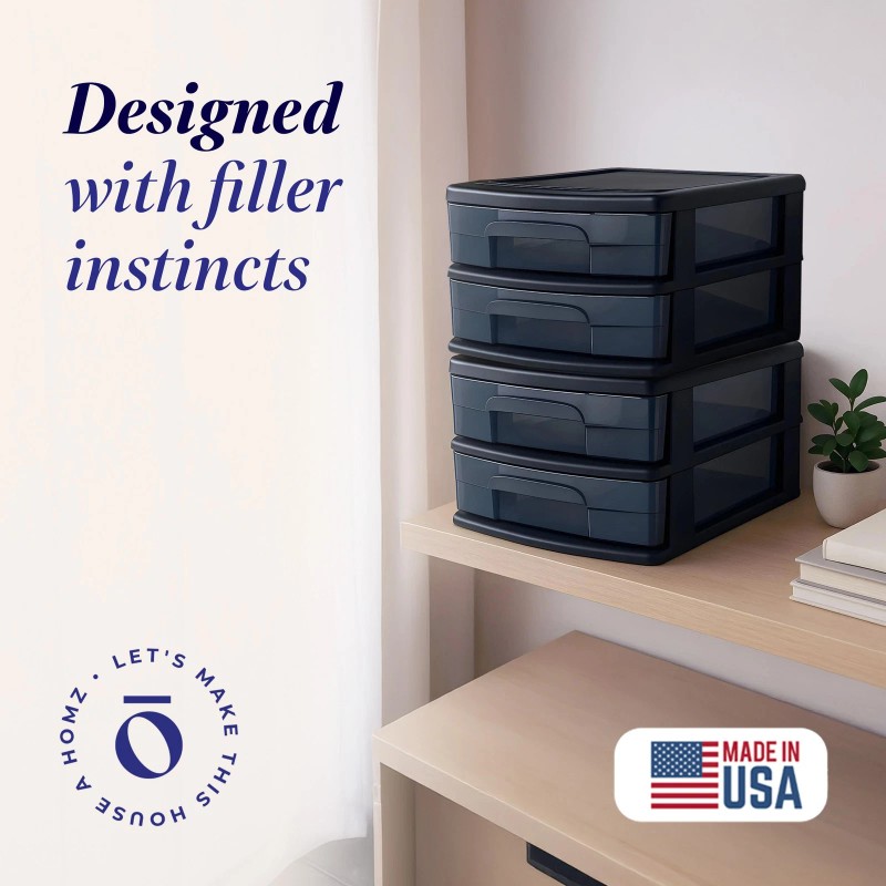 Homz Plastic 2 Drawer Medium Storage Cart, Black Frame with